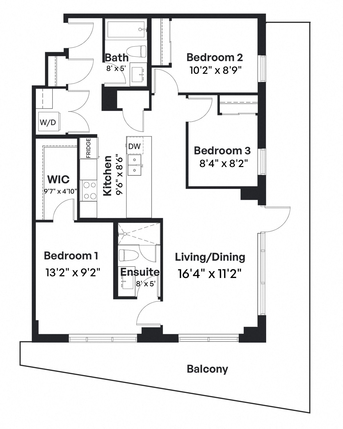 Floor plan for 3 beds, 2 baths, 1077 sqft